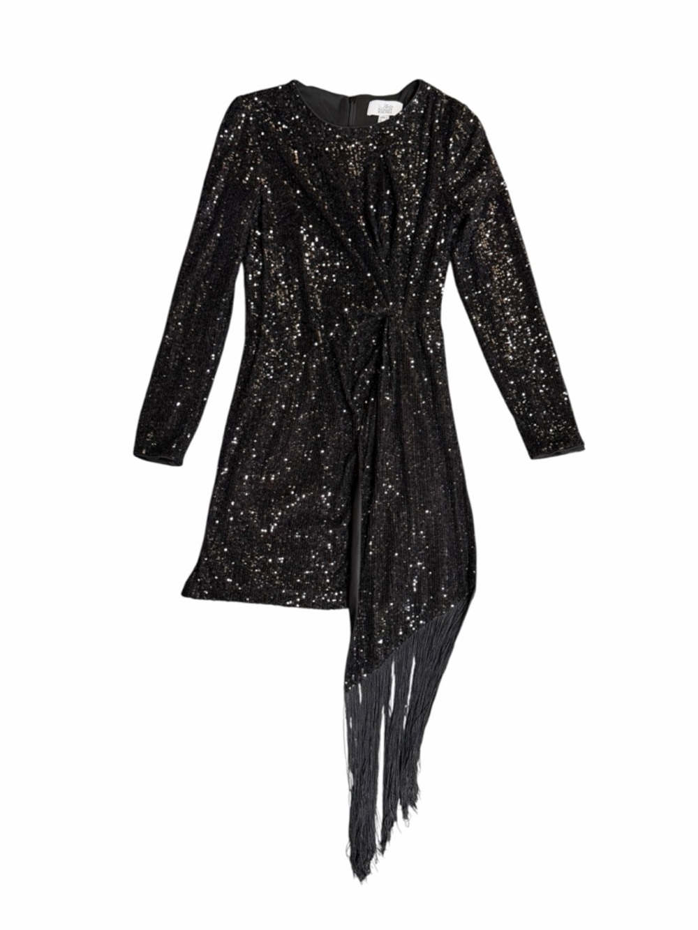 Belle Badgley Mischka Black Sequin Long Sleeve Harley Fringe Cocktail Dress Sz 2 - Picture 5 of 9